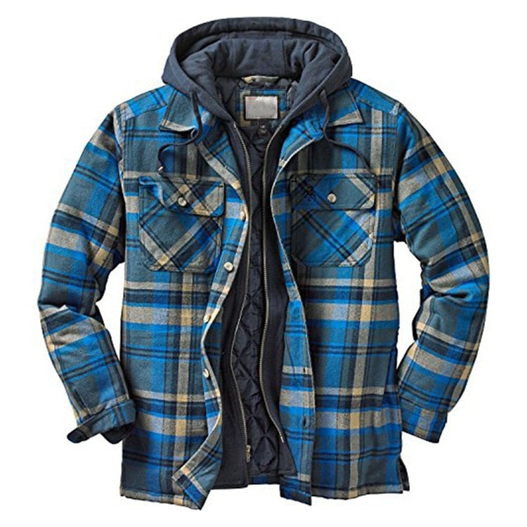 Men Thick Cotton Plaid Long-sleeved Loose Hooded Jacket