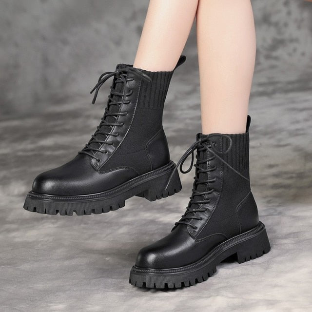 Leather Platform Black Ladies Ankle Boots